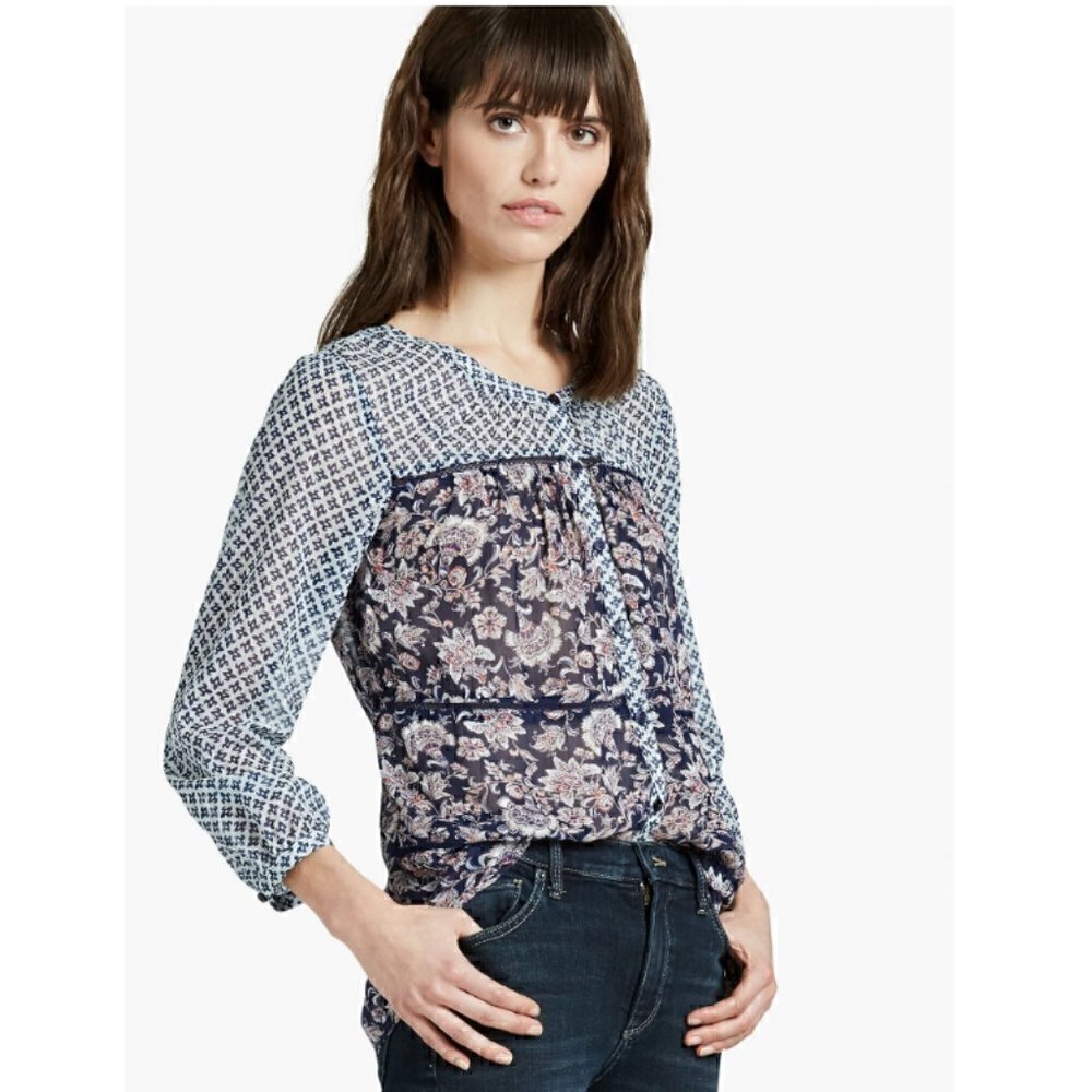 Lucky Brand Blouse S Mixed Print Peasant Sheer Metallic Stripe Floral Peasant